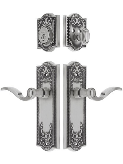 Grandeur Parthenon Entrance Door Set, Keyed Alike with Bellagio Levers in Antique Pewter.